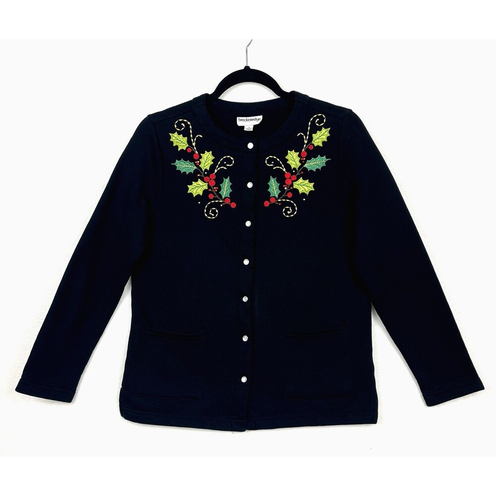 VTG Christmas Cardigan Black Sweater Womens SZ S Appliqued Holy Berry Festive
